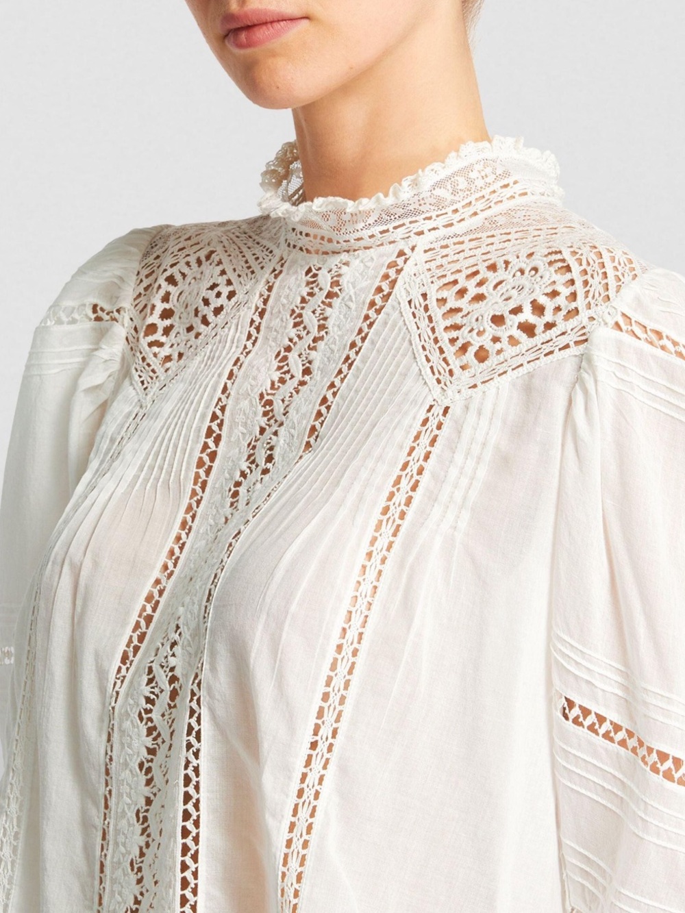 Dôen Lace Amaya Blouse Ivory Cotton Crochet Cutout High Neck Long Sleeve M - Picture 2 of 12